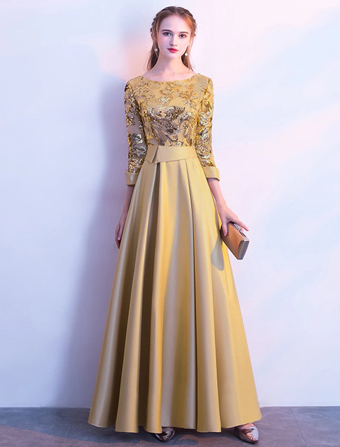 Wholesale A-Line Bridesmaid Dress Jewel Neck Long Sleeve Beautiful Back Floor Length Satin / Tulle / Sequined with Sash / Ribbon / Pleats